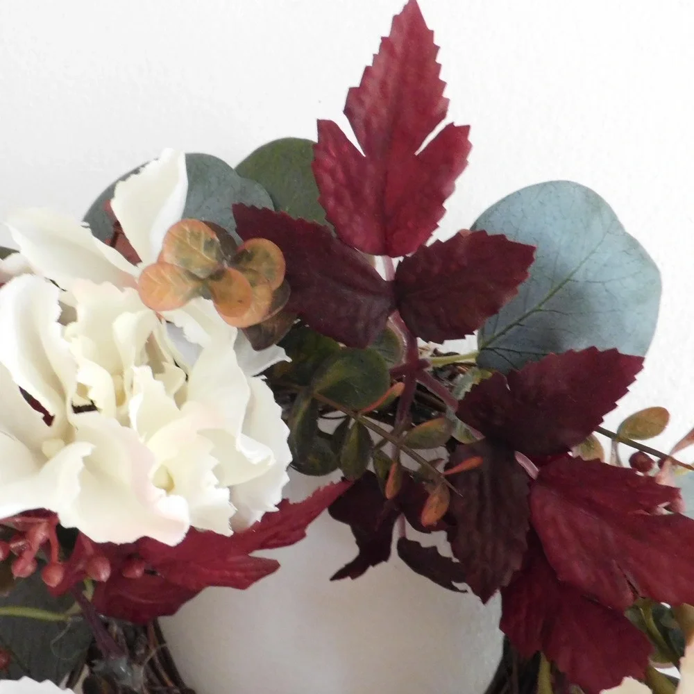 Mini Fall Candle Ring, Grapevine Wreath, Burgundy Leaves, Dried Look Hydrangeas